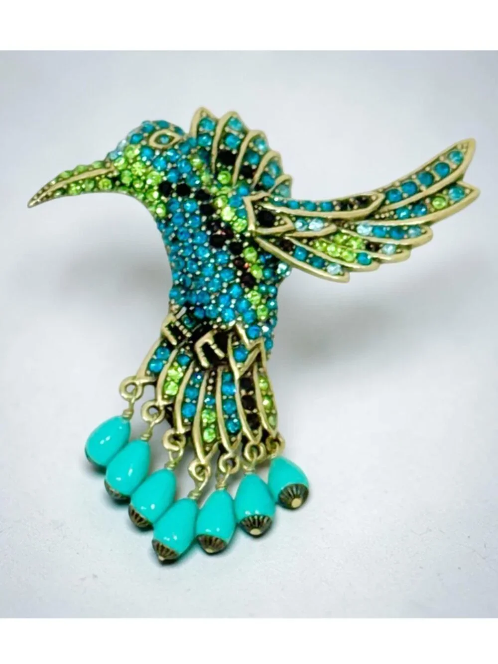 Heidi Daus Hummingbird Combo Brooch Rhinestone Embellished w/Dangling Beads